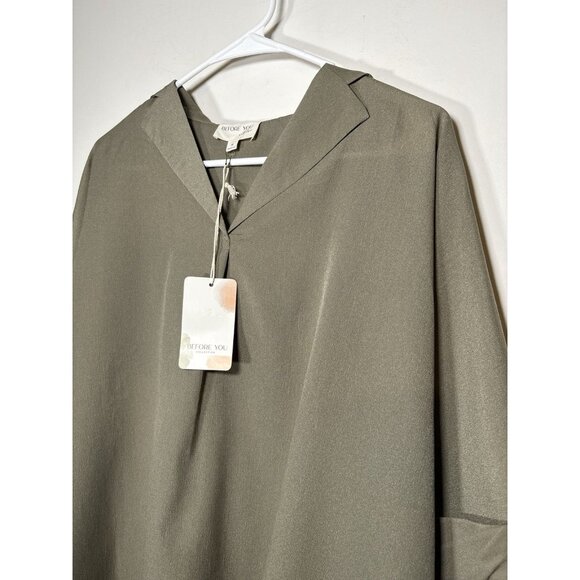 BEFORE YOU Short Sleeve V-Neck Collared Blouse Olive Green NWT Lagenlook Medium - Picture 2 of 6